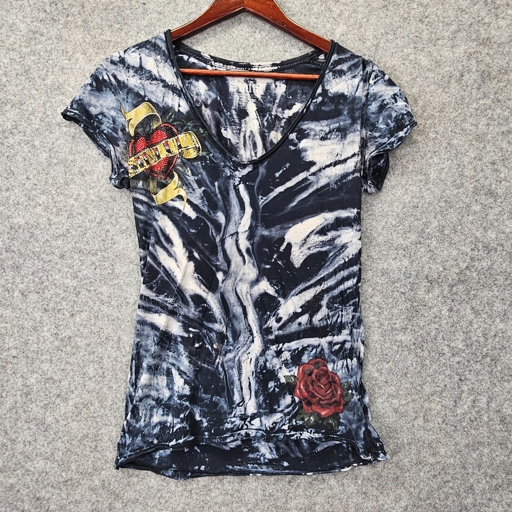 SINFUL AFFLICTION Shirt Womens XS Tie Dye Heart Rose Sequin Y2K Tee USA‎